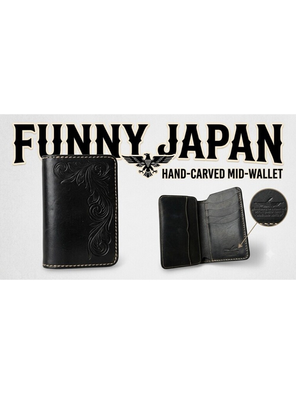FUNNY Japan Vintage Hand Carved Black Leather Mid Wallet Western Tooled Biker